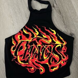 Fashion Nova Black Crop Top with Red and Yellow Flames